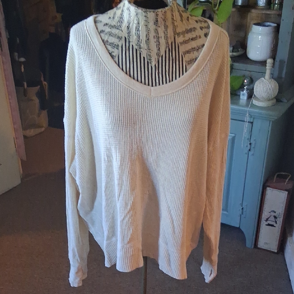 Aerie Cream Ribbed V-Neck Jersey Top
